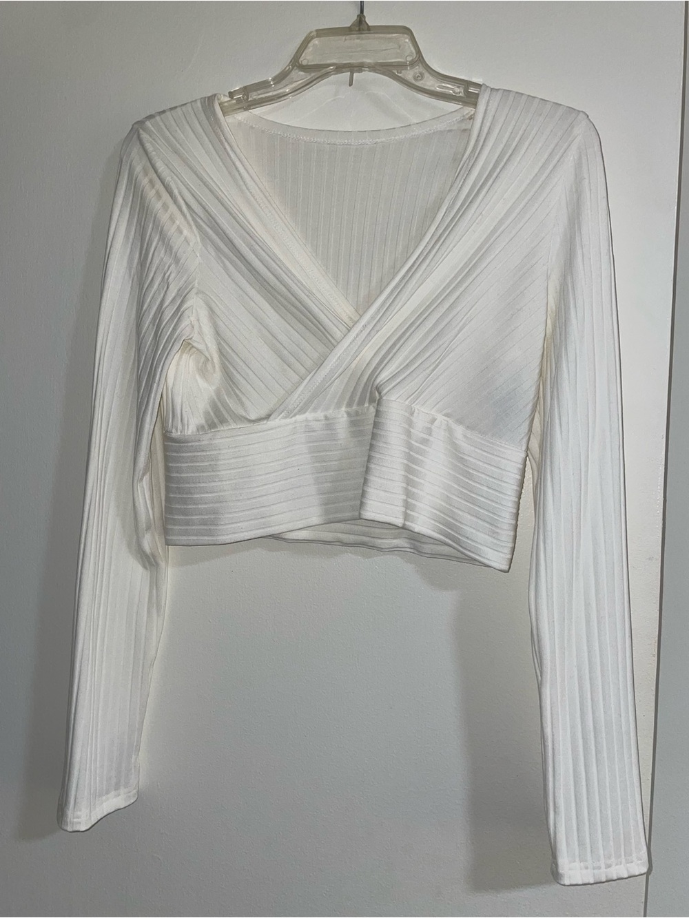 SHEIN White Ribbed Wrap Cropped Long Sleeve Top